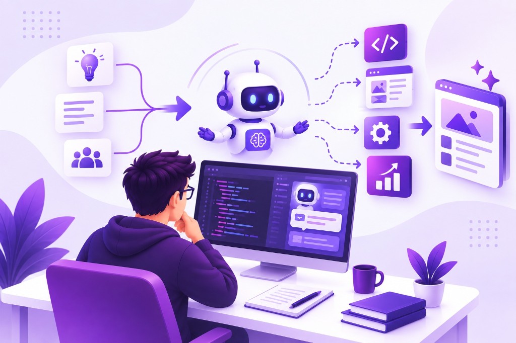 AI-first development: ideas and requirements flow through an AI agent into code, design, and a finished product