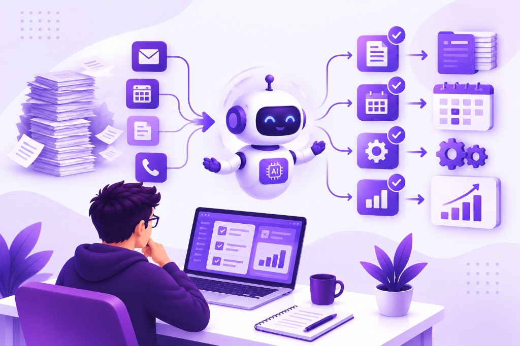 AI automation turning repetitive tasks into completed workflows while a professional monitors progress
