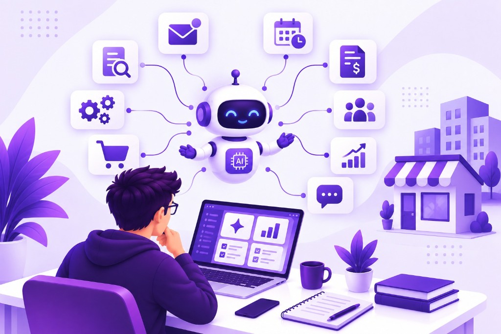 AI assistant presenting SME automation ideas for email, sales, scheduling, and ecommerce