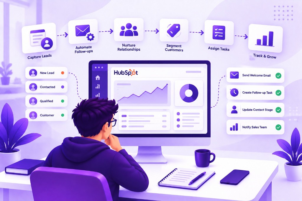HubSpot automation from lead capture and follow-ups through nurturing, tasks, and growth tracking