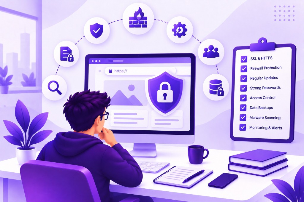 Website security checklist covering HTTPS, firewalls, updates, access control, and monitoring