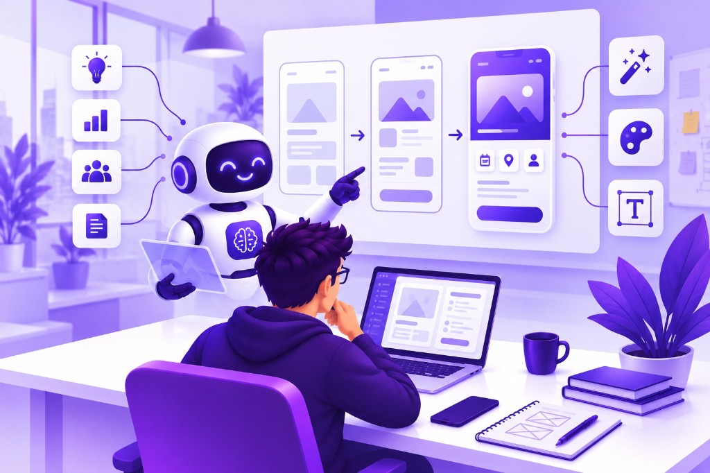 AI assisting a designer as a mobile interface moves from wireframe to polished UI